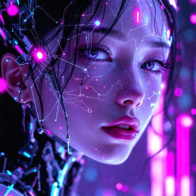 The primary subject of the image is a woman with a futuristic, cyberpunk appearance. She has a pink and purple background, which adds to the overall mood of the scene. The visual style of the image is a combination of digital art and illustration, creating a unique and captivating image. The woman's facial features, such as her eyes and lips, are prominently displayed, emphasizing her striking appearance.